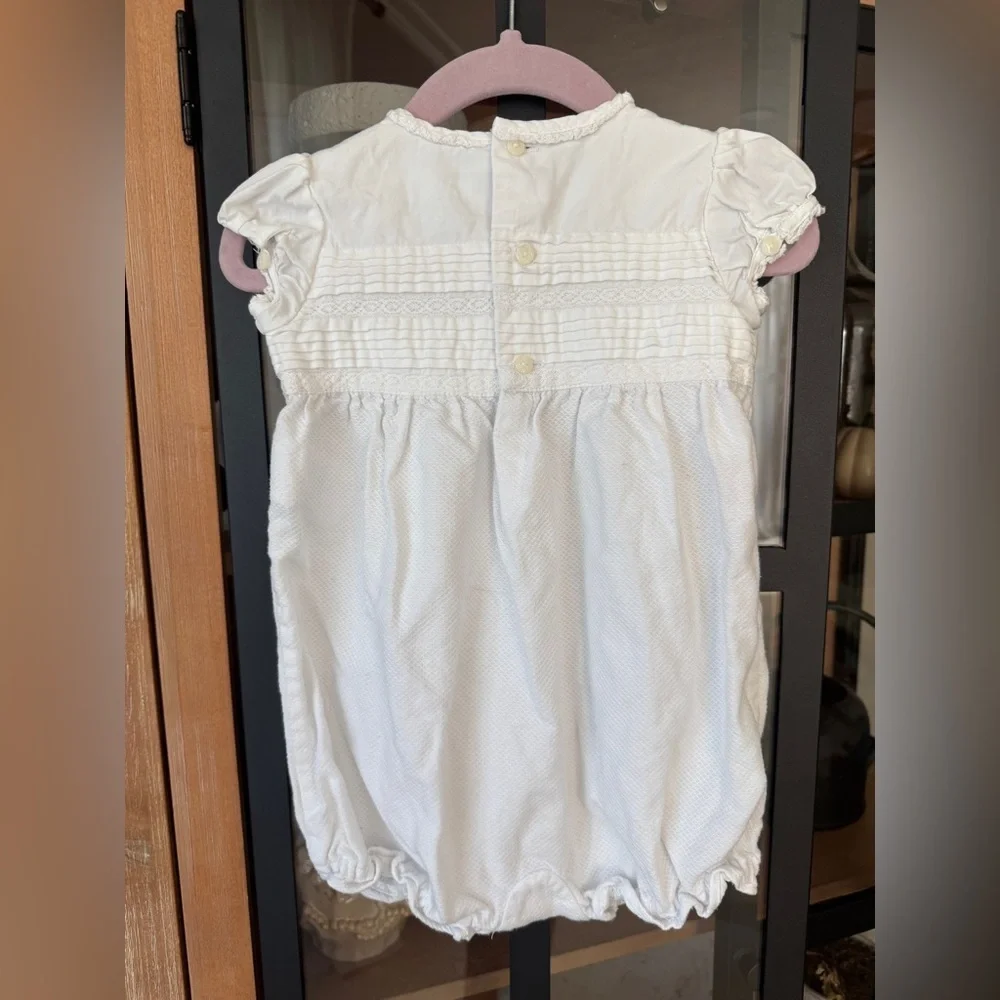 Ralph Lauren heirloom bubble romper lace smock bows ruffle baby girl puff sleeve